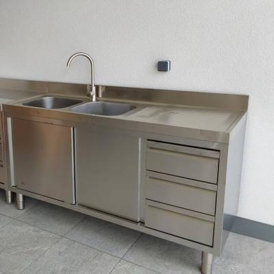 Edelstahl Spülschrank mit 2 Becken links 160 x 60 cm mit 3 Schubladen - thumb
