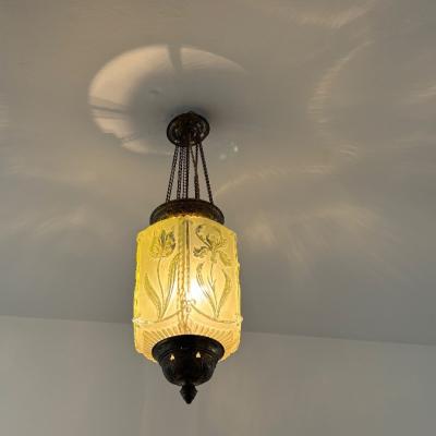 Jugendstil Deckenlampe aus Glas & Messing - thumb