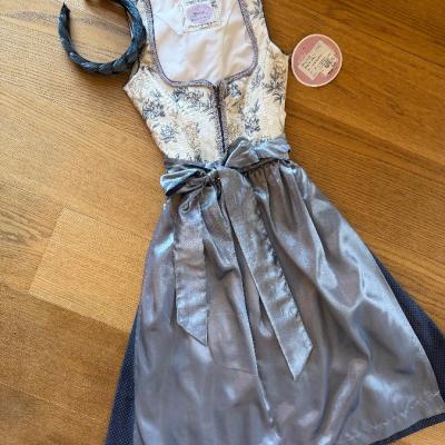 MarJo Dirndl 30/XXS Blau Creme Blumen Neu mit Etikett - thumb