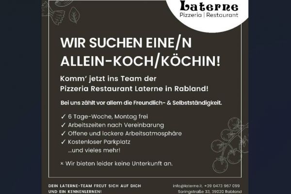 Koch/Alleinkoch gesucht - Pizzeria Restaurant Laterne in Rabland