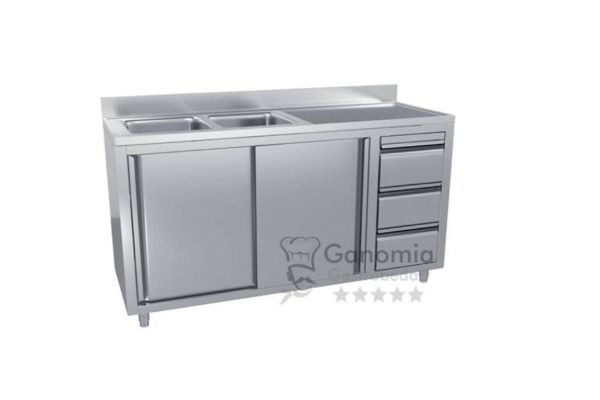 Edelstahl Spülschrank mit 2 Becken links 160 x 60 cm mit 3 Schubladen