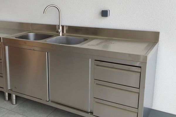 Edelstahl Spülschrank mit 2 Becken links 160 x 60 cm mit 3 Schubladen
