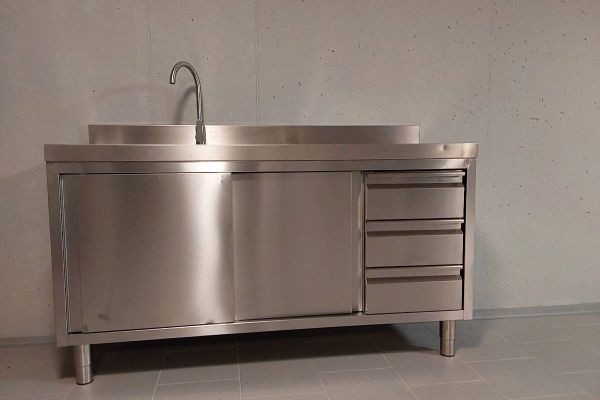 Edelstahl Spülschrank mit 2 Becken links 160 x 60 cm mit 3 Schubladen