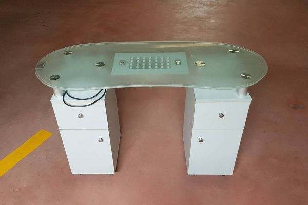 Profi Kosmetiktisch Maniküre weiß Glas m. Abzug + 2Schubladen/2Fächern
