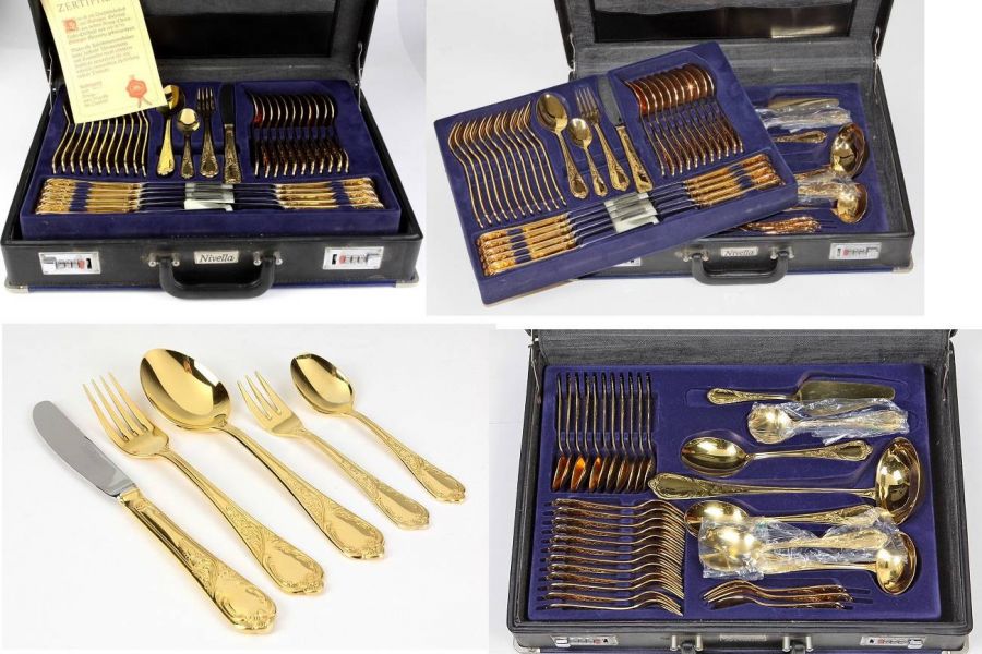 Edles vergoldetes Edelstahl-Besteck, Solingen, 72 Teile - Bild 1