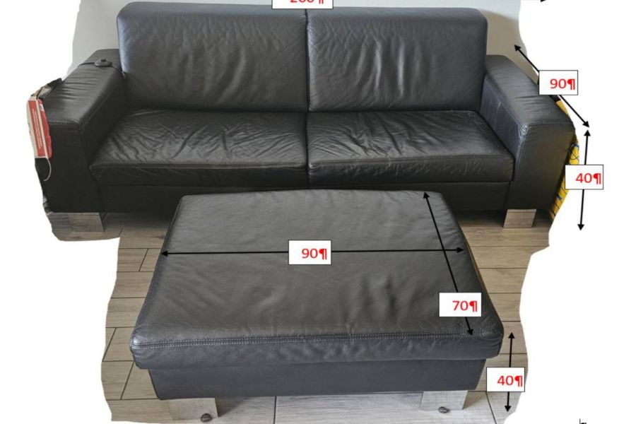 Schwarze Couch mit Hocker aus echtem Leder für 300€ zu verkaufen - Bild 1