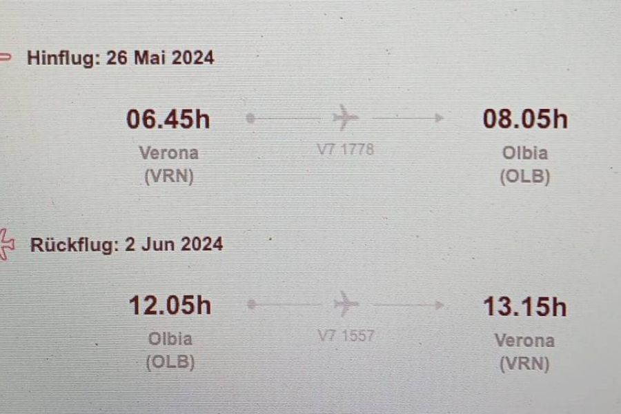 ACHTUNG !!! 4 flugtickets Verona Olbia Sardinien 26.5 - 2.6 - Bild 1