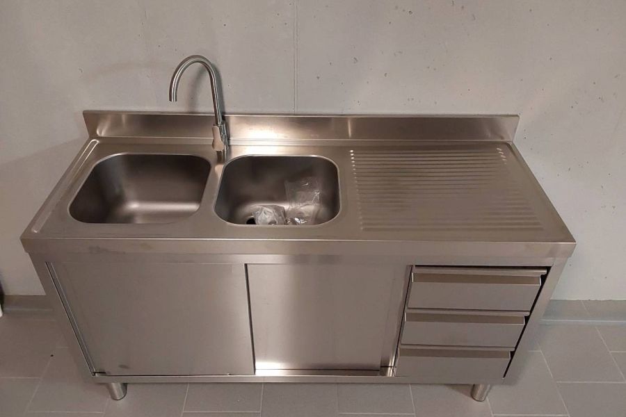 Edelstahl Spülschrank mit 2 Becken links 160 x 60 cm mit 3 Schubladen - Bild 2