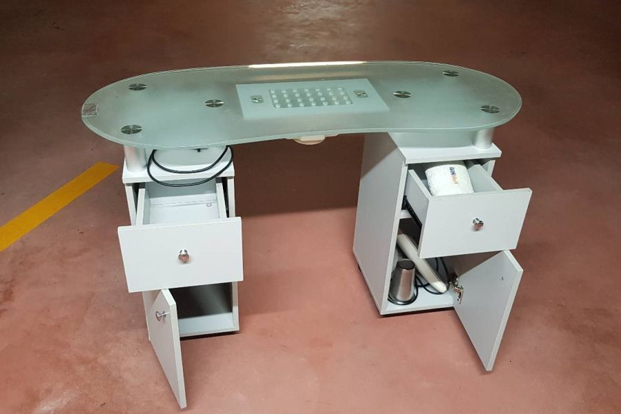 Profi Kosmetiktisch Maniküre weiß Glas m. Abzug + 2Schubladen/2Fächern - Bild 2