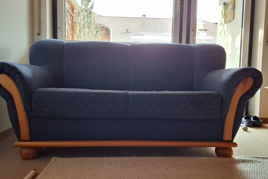 Landhaus Sofa Couch Divan Masivholz Stofbezug Dunkelblau gemustert - Bild 3